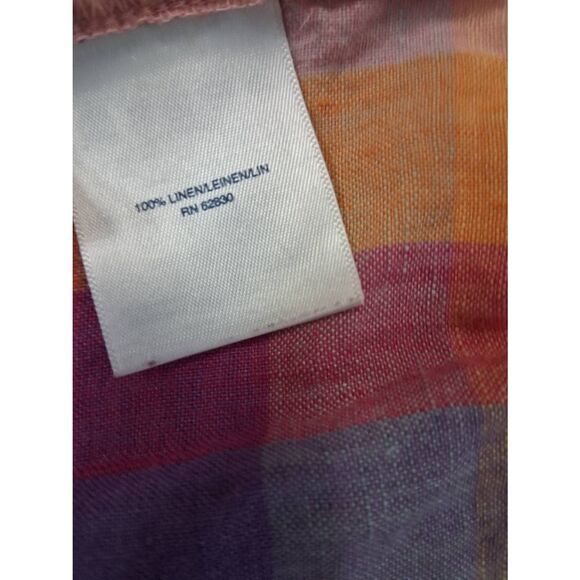 Lands end womens 1xl tab sleeve 100% linen shirt blouse plaid pink yellow - Picture 7 of 10